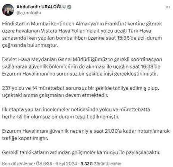 Erzurum'a inen Hindistan uçağında aramalar sürüyor: Peçeteye, 'Bomba var' yazmış