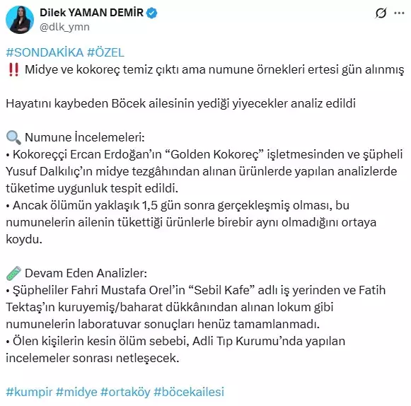 Olayla ilgili alınan midye ve kokoreç örnekleri