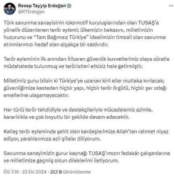 TUSAŞ'taki hain terör saldırısı sonrasında Erdoğan'dan ilk açıklama geldi