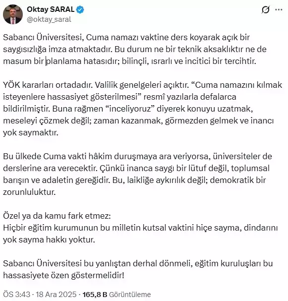 Oktay Saral'dan Sabancı Üniversitesi'ne 'cuma namazı' tepkisi