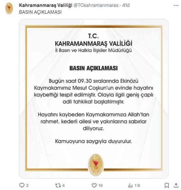 Kahramanmaraş'ın Ekinözü İlçe Kaymakamı Mesut Coşkun evinde ölü bulundu