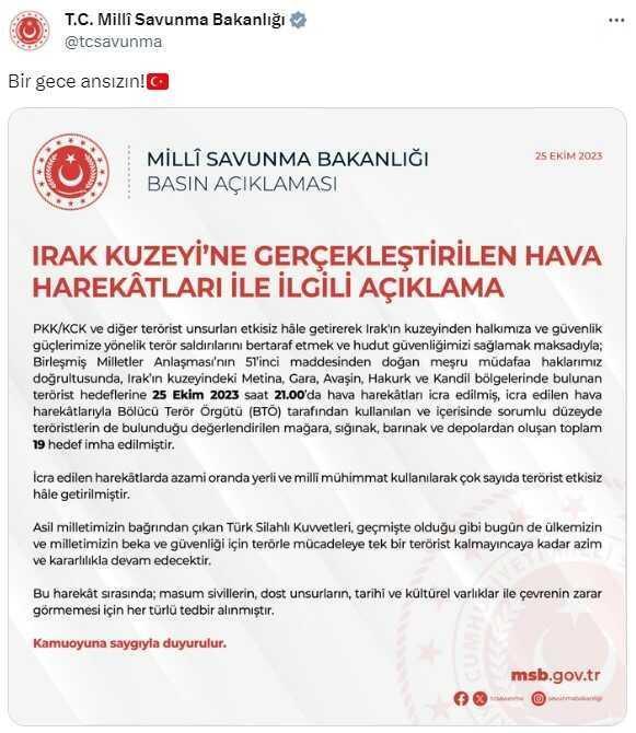 Son Dakika: Irak'ın kuzeyine hava harekatı! Terör örgütüne ait 19 hedef imha edildi