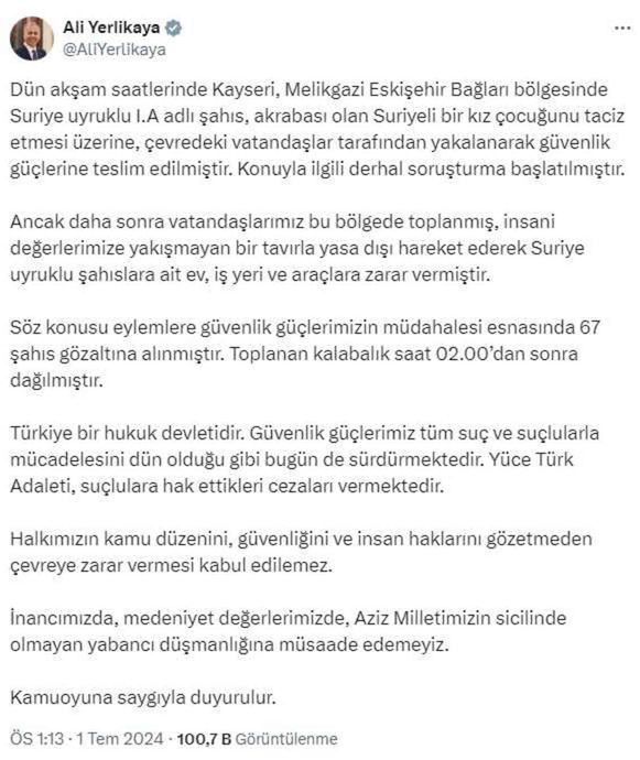 Yerlikaya isyan ettiren detayı paylaştı! Kayseri'deki şahsın taciz ettiği çocuk akrabası çıktı