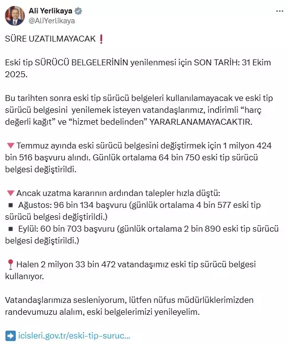 Eski tip sürücü belgesi yenileme uyarısı