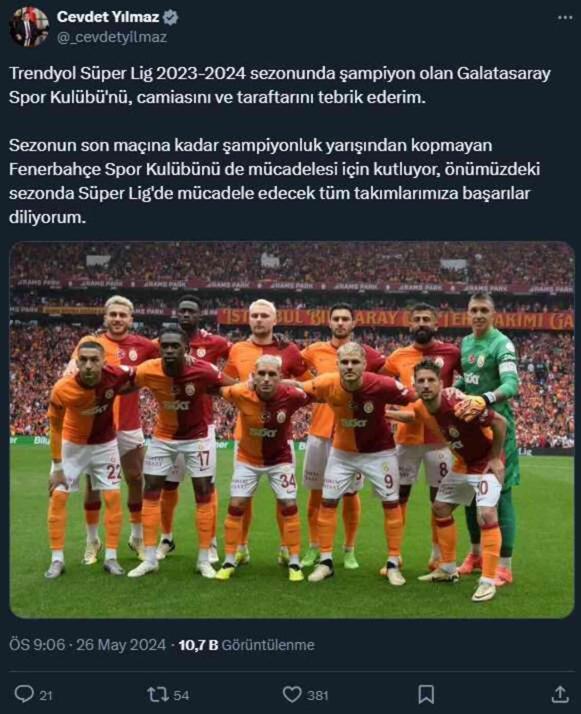 Cumhurbaşkanı Erdoğan, Süper Lig Şampiyonu Galatasaray'ı tebrik etti