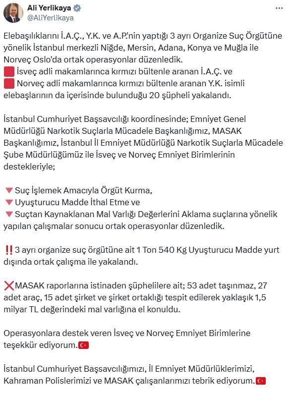 İçişleri Bakanlığı'ndan Büyük Organize Suç Operasyonu: 20 Şüpheli Yakalandı