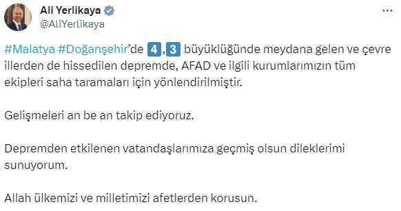 Malatya'da 4.3 büyüklüğünde deprem