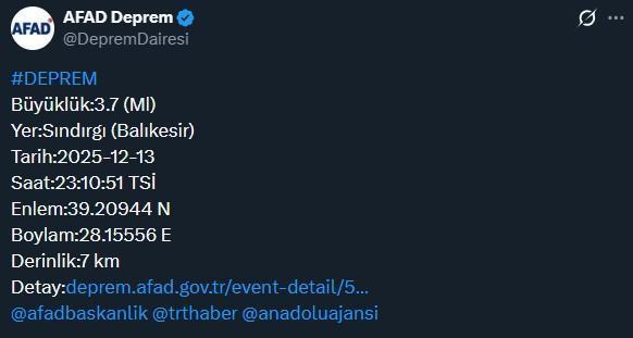 Balıkesir'de 3.7 büyüklüğünde deprem