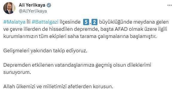 İçişleri Bakanı Yerlikaya Malatya depremi açıklaması: Ekiplerimiz saha tarama çalışmalarına başladı, gelişmeleri takip ediyoruz