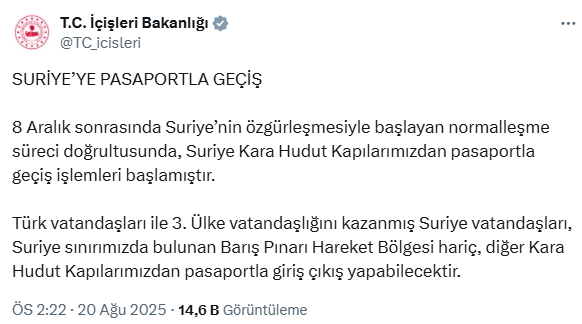 İçişleri Bakanlığı: Suriye'ye sadece pasaportla giriş yapabilecek