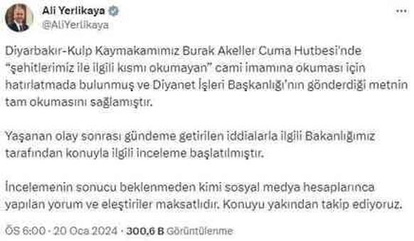 İçişleri Bakanlığı, Diyarbakır'da yaşanan cami imamı olayıyla ilgili inceleme başlattı