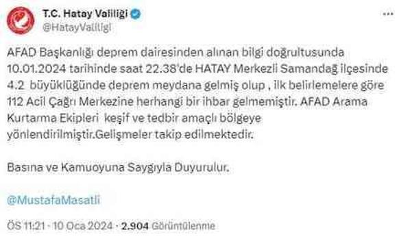 Hatay'da 4,2 büyüklüğünde deprem meydana geldi