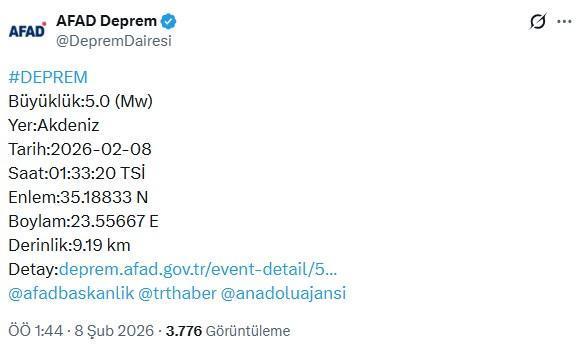 Akdeniz'de 5 büyüklüğünde deprem