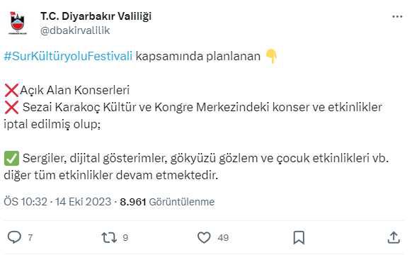 Sur Kültür Yolu Festivali'nde konserler ve bazı etkinlikler iptal edildi