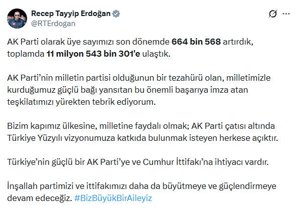 Üye sayısını artıran AK Parti'ye Erdoğan'dan teşekkür