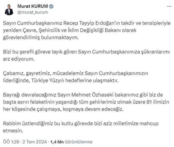 Çevre Bakanı olarak atanan Murat Kurum'dan ilk sözler