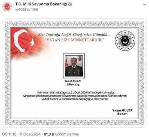 Pençe-Kilit Operasyonu bölgesinde 1 askerimiz şehit oldu, 1 askerimiz yaralandı