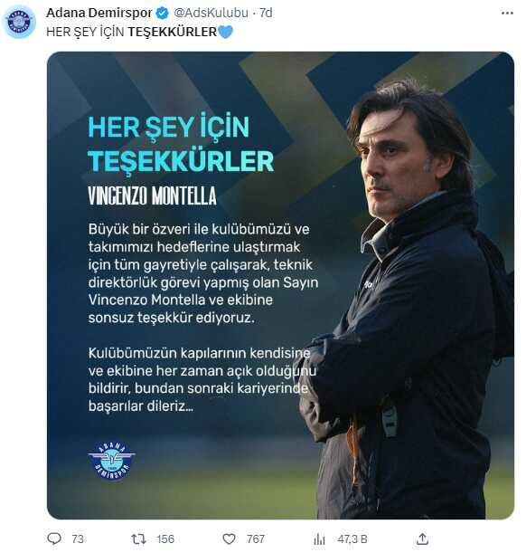 Bir devir sona erdi! Adana Demirspor, Montella ile yollarının ayırdı