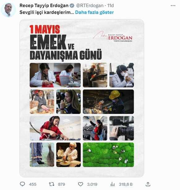 Cumhurbaşkanı Erdoğan'dan 1 Mayıs mesajı