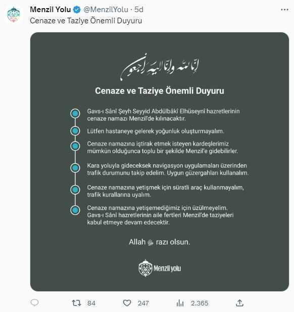 Menzil Cemaati lideri hayatını kaybetti