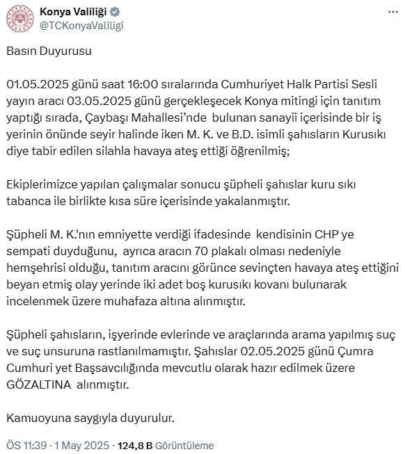 Konya'da CHP Konvoyuna Silahlı Saldırı İddiası Asılsız Çıktı