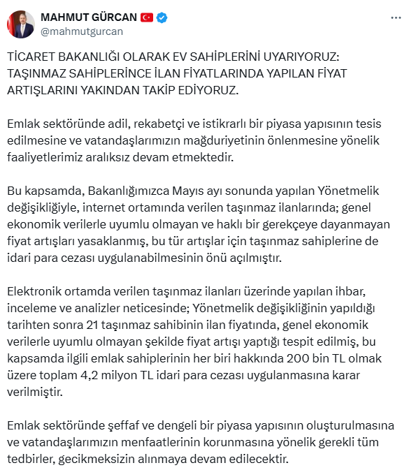 Bakanlıktan emlakta fahiş fiyata 4,2 milyon lira ceza