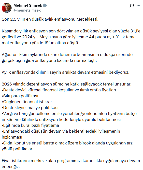 Bakan Şimşek: Son 2,5 yılın en düşük aylık enflasyonu gerçekleşti