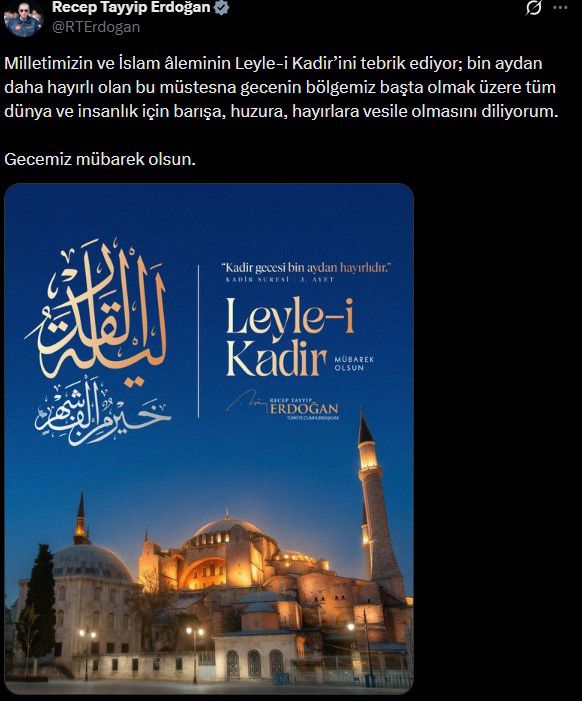 Cumhurbaşkanı Erdoğan'dan Kadir Gecesi mesajı