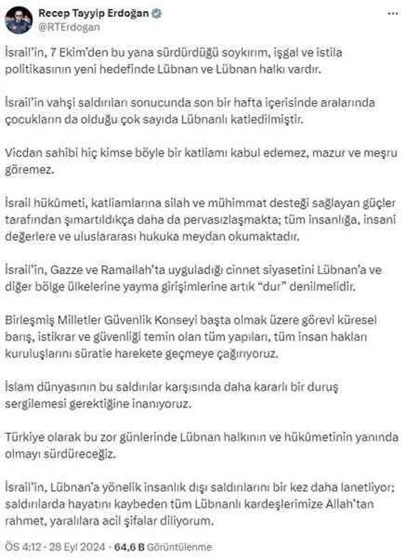 Cumhurbaşkanı Erdoğan'dan BM'ye Lübnan çağrısı: İsrail'e karşı süratle harekete geçilmeli
