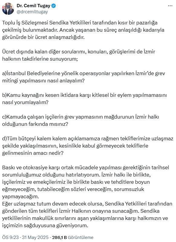 İzmir'de grev krizi aşılamadı! Sendikayla anlaşamayan Başkan Cemil Tugay'dan ilginç karar