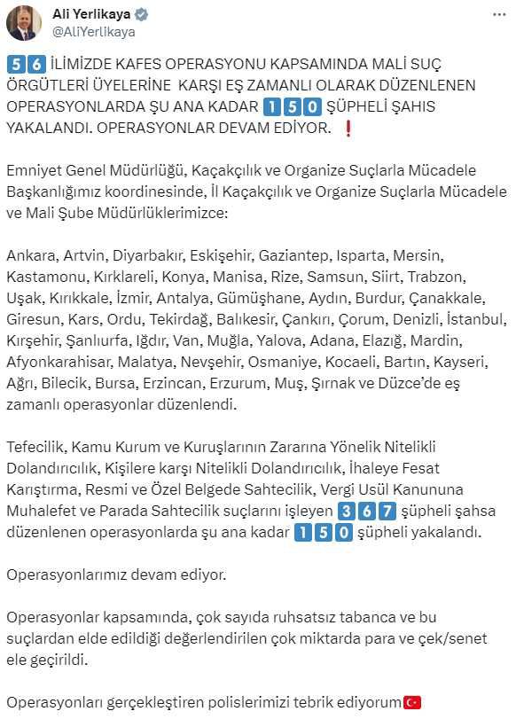İçişleri Bakanı Yerlikaya