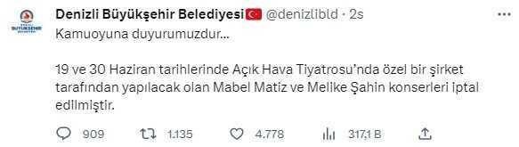 Ödül törenindeki sözleri tepki çeken Mabel Matiz ve Melike Şahin''in Denizli konseri iptal edildi