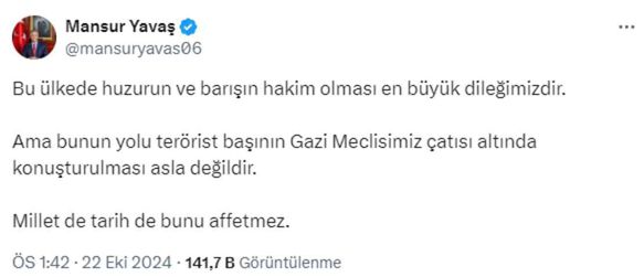 Mansur Yavaş'tan Bahçeli'nin Öcalan çağrısına sert tepki: Millet de tarih de bunu affetmez