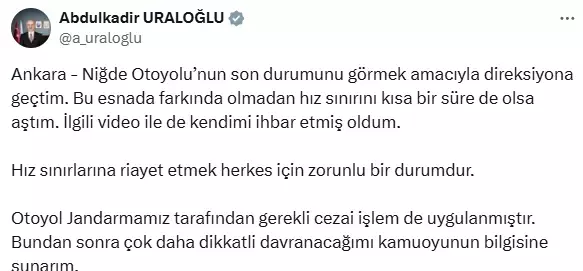 Hız sınırını aşan Bakan Uraloğlu, jandarmadan ceza yedi