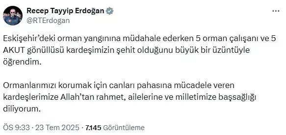 Cumhurbaşkanı Erdoğan'dan 10 orman şehidi için taziye mesajı