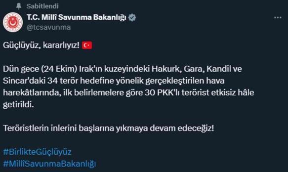 Kuzey Irak'ta gerçekleştirilen hava harekatlarında 30 PKK'lı terörist etkisiz hale getirildi