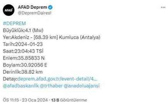 Antalya'da 4,1 büyüklüğünde deprem meydana geldi