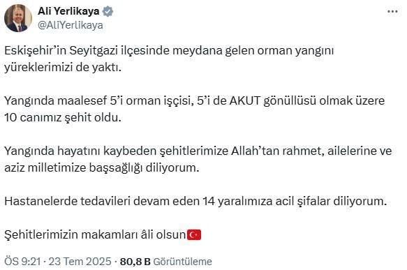 Cumhurbaşkanı Erdoğan'dan 10 orman şehidi için taziye mesajı