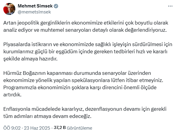 Bakan Şimşek'ten 'Hürmüz Boğazı' açıklaması: Spekülasyonlara itibar etmeyiniz