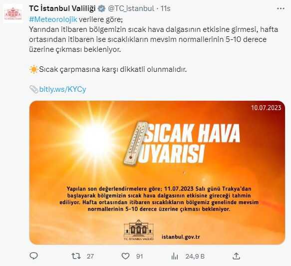 İstanbul Valiliğinden yüksek sıcaklık uyarısı