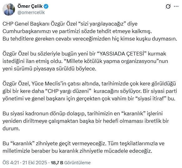 AK Parti Sözcüsü Çelik'ten Özgür Özel'e: Yeni bir Yassıada Çetesi kurmak istediğini ilan etti