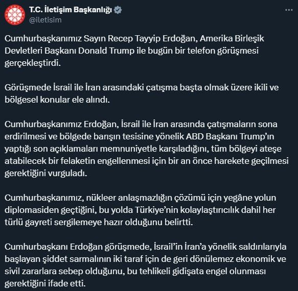 Cumhurbaşkanı Erdoğan, Trump'la İsrail-İran savaşını görüştü