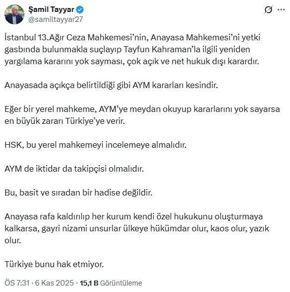 Şamil Tayyar, verilen karara ateş püskürdü: Bu mahkemeyi incelemeye alın