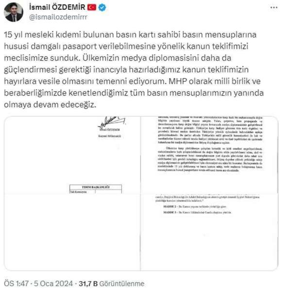 MHP, 15 yıl mesleki kıdemi bulunan basın mensuplarına hususi pasaport teklifi sundu