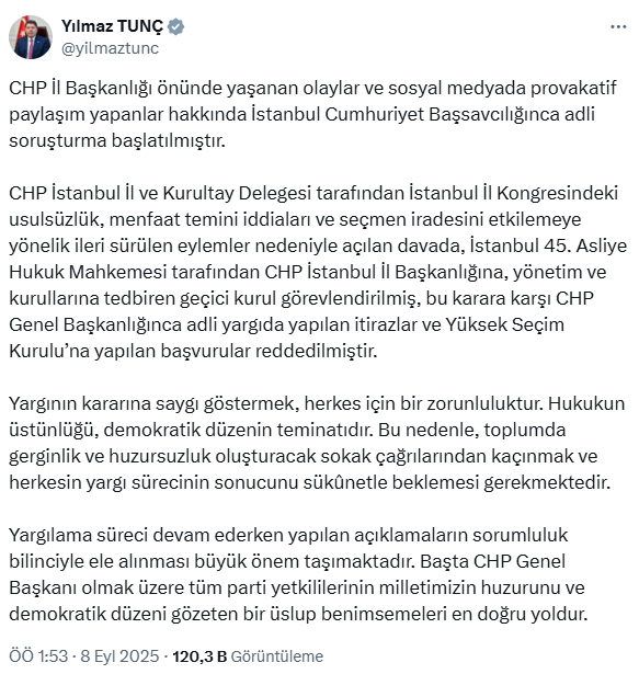 Bakan Tunç: CHP İstanbul İl Başkanlığı önündeki olaylarla ilgili soruşturma başlatıldı