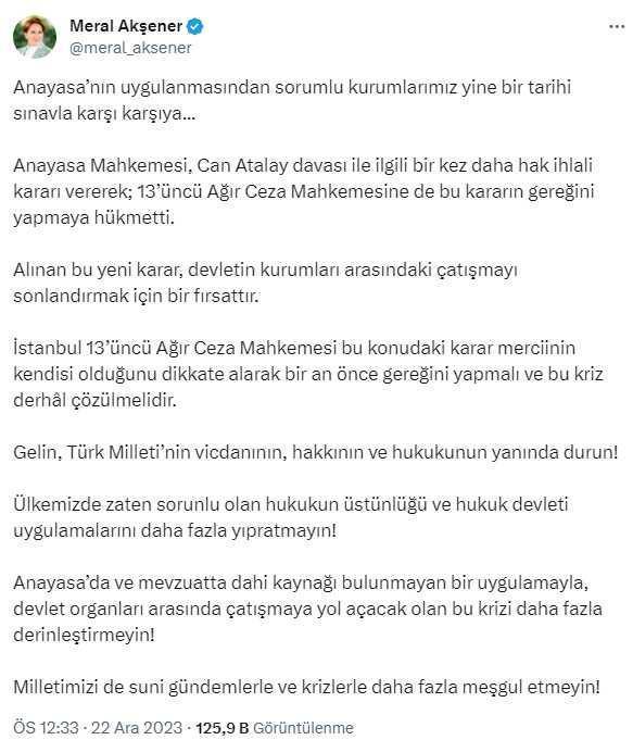 Akşener'den Can Atalay çıkışı! İstanbul 13'üncü Ağır Ceza Mahkemesi'ne çağrıda bulunarak krizin çözülmesini istedi
