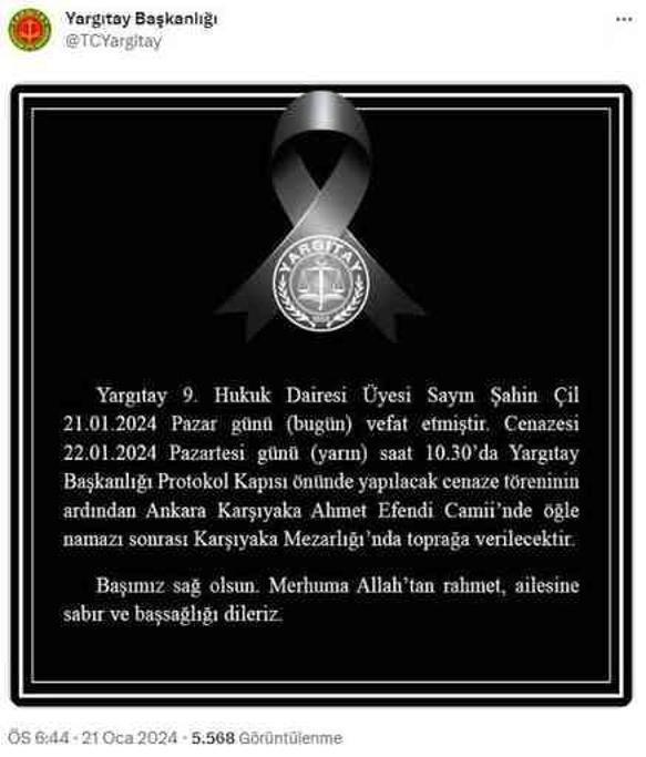 Yargıtay 9. Hukuk Dairesi Üyesi Şahin Çil hayatını kaybetti