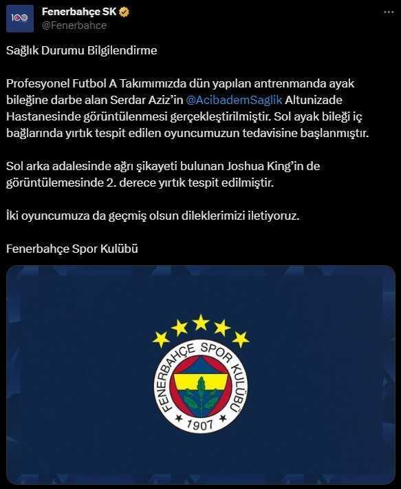 Hatayspor maçı öncesi Fenerbahçe'ye şok! Serdar Aziz ve King sakatlandı