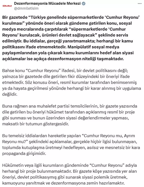 'Zincir marketlerde Cumhur Reyonu kurulacak' iddiasına yalanlama