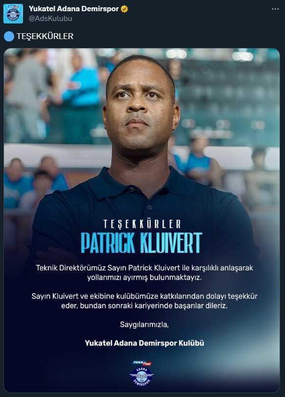 Adana Demirspor, teknik direktör Patrick Kluivert ile yollarını ayırdı